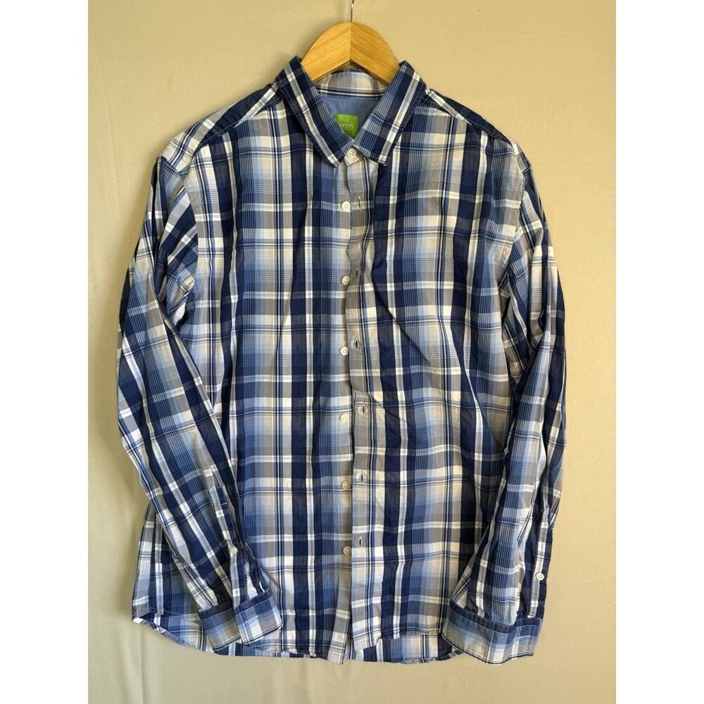 Hugo Boss Green Label Plaid Button Front Shirt Men’s XL Blue Long Sleeve Regular